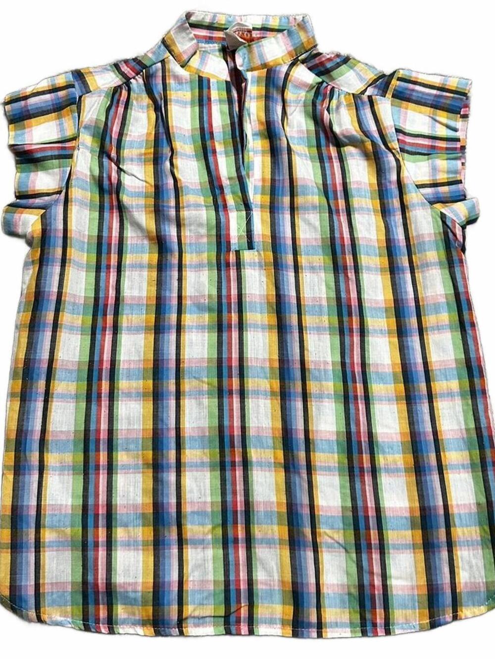 True Vintage Retro 70s Multi-Colored Plaid Cap Sleeve Henley Shirt Size 12/M